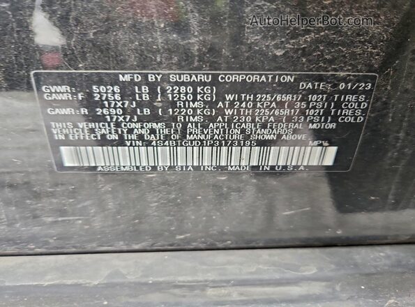 4S4BTGUD1P3173195 2023 SUBARU OUTBACK Черный Вид наклейки с VIN-кодом