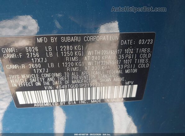 4S4BTGUD1P3192331 2023 SUBARU OUTBACK Blue 