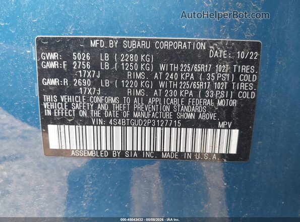 4S4BTGUD2P3127715 2023 SUBARU OUTBACK Blue Вид підкапотного простору