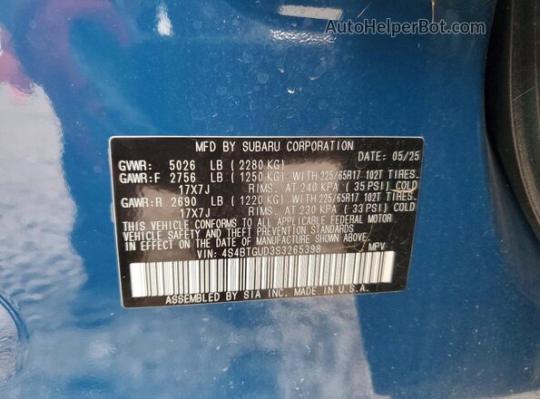 4S4BTGUD3S3265398 2025 SUBARU OUTBACK Blue Widok wnętrza 360 stopni