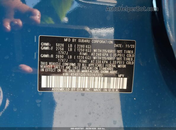 4S4BTGUD7R3207322 2024 SUBARU OUTBACK Blue Engine compartment view