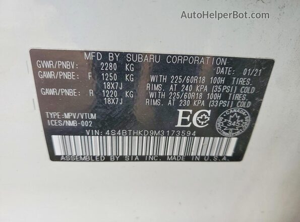 4S4BTHKD9M3173594 2021 SUBARU OUTBACK White 