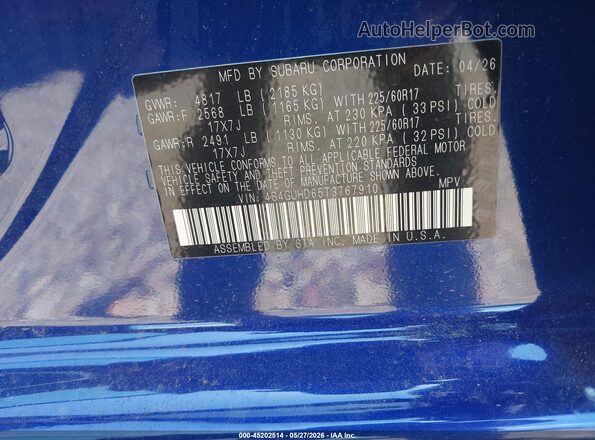 4S4GUHD65T3767910 2026 SUBARU CROSSTREK Blue 