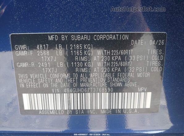 4S4GUHD67T3768590 2026 SUBARU CROSSTREK Blue Engine compartment view