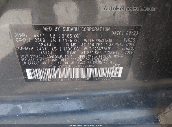 4S4GUHF64R3726058 2024 SUBARU CROSSTREK Gray Вид підкапотного простору