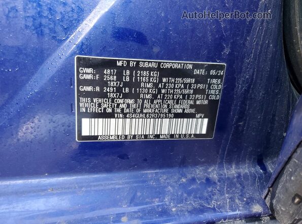 4S4GUHL62R3795190 2024 SUBARU CROSSTREK Blue 