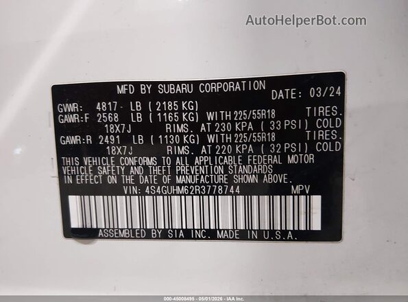 4S4GUHM62R3778744 2024 SUBARU CROSSTREK Белый Вид подкапотного пространства