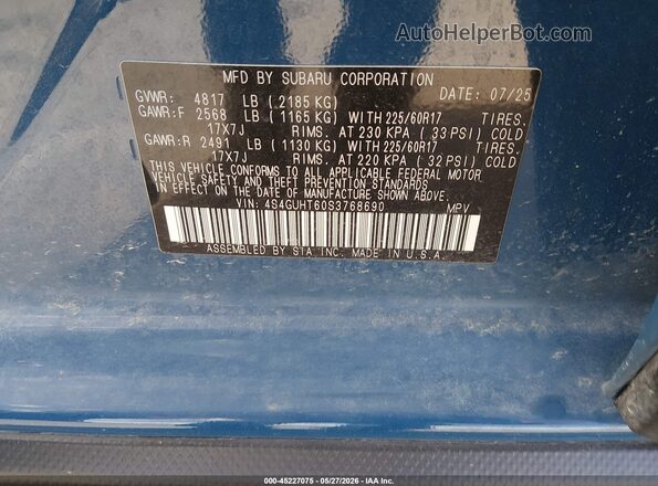 4S4GUHT60S3768690 2025 SUBARU CROSSTREK Blue Vista del compartimento del motor