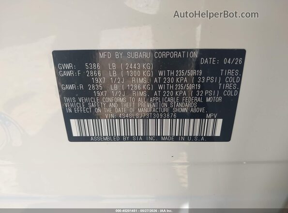 4S4SLSJ73T3093876 2026 SUBARU FORESTER White Вид підкапотного простору