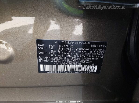 4S4WMAAD4S3422002 2025 SUBARU ASCENT Зеленый Вид подкапотного пространства