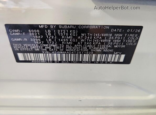 4S4WMAAD4T3411938 2026 SUBARU ASCENT White VIN კოდის სტიკერის ხედი