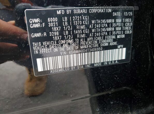 4S4WMABD4T3406950 2026 SUBARU ASCENT Black VIN კოდის სტიკერის ხედი
