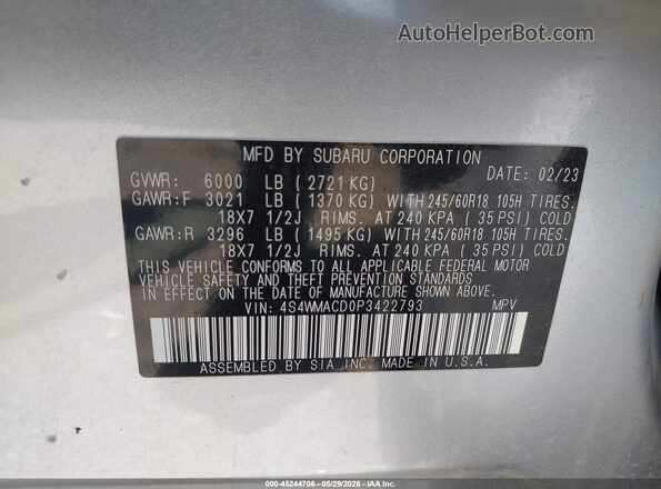 4S4WMACD0P3422793 2023 SUBARU ASCENT Gray ძრავის განყოფილების ხედი