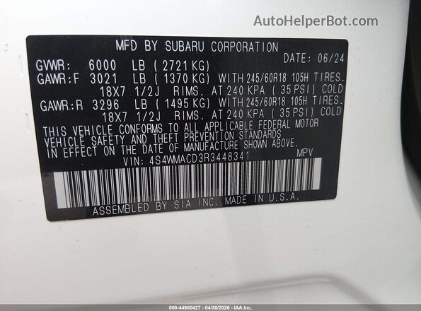 4S4WMACD3R3448341 2024 SUBARU ASCENT White ძრავის განყოფილების ხედი
