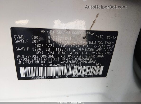 4S4WMACD4K3480026 2019 SUBARU ASCENT White 