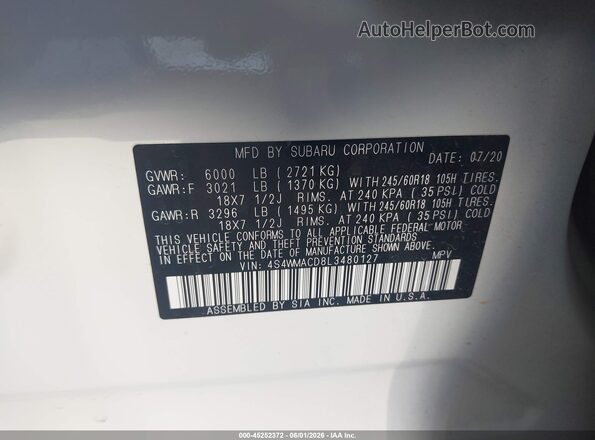 4S4WMACD8L3480127 2020 SUBARU ASCENT White Շարժիչի բաժամունքի տեսք