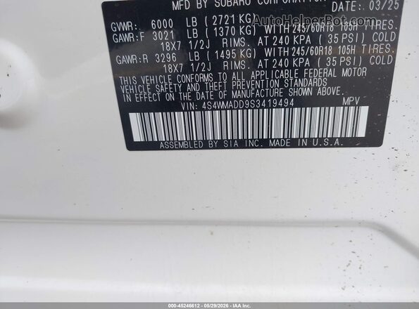 4S4WMADD9S3419494 2025 SUBARU ASCENT White Widok komory silnika