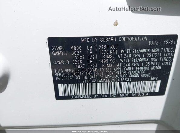 4S4WMAED2N3416634 2022 SUBARU ASCENT White 