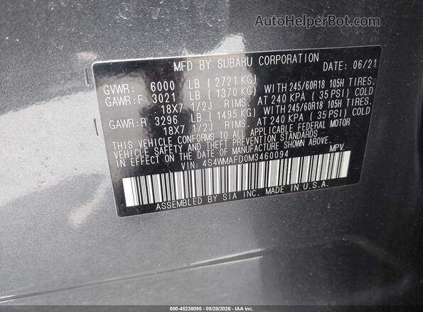 4S4WMAFD0M3460094 2021 SUBARU ASCENT Gray Vista del compartimento del motor