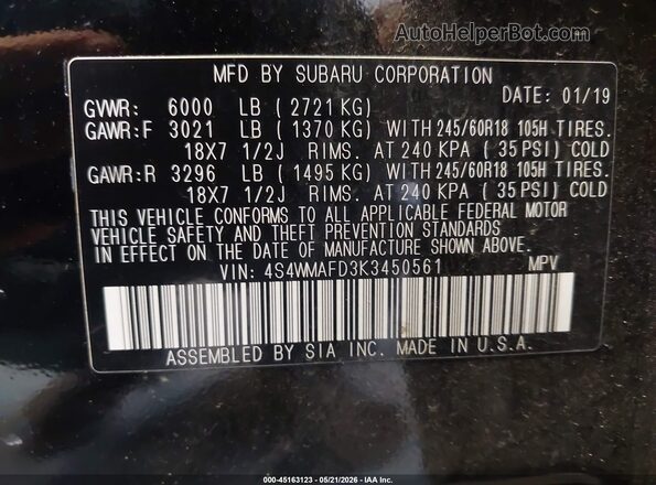 4S4WMAFD3K3450561 2019 SUBARU ASCENT Black Շարժիչի բաժամունքի տեսք