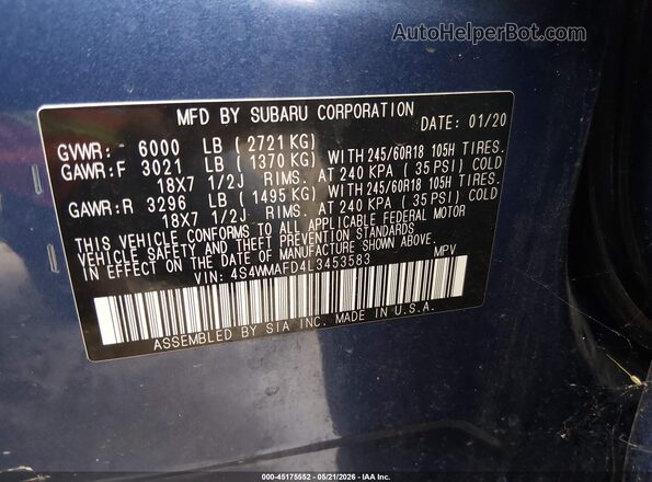 4S4WMAFD4L3453583 2020 SUBARU ASCENT Dark Blue Widok komory silnika