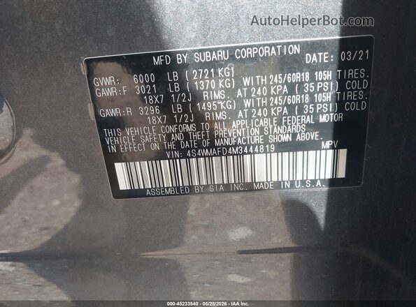 4S4WMAFD4M3444819 2021 SUBARU ASCENT Gray Vista del compartimento del motor