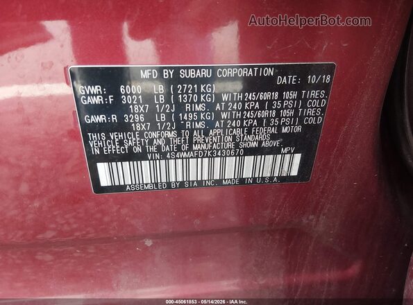 4S4WMAFD7K3430670 2019 SUBARU ASCENT Red Widok komory silnika