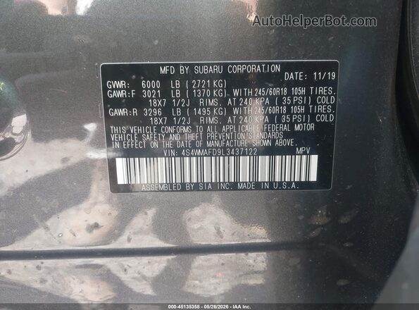 4S4WMAFD9L3437122 2020 SUBARU ASCENT Gray Vista del compartimento del motor