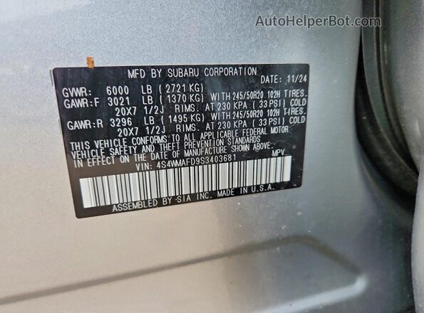 4S4WMAFD9S3403681 2025 SUBARU ASCENT Серебряный Вид наклейки с VIN-кодом