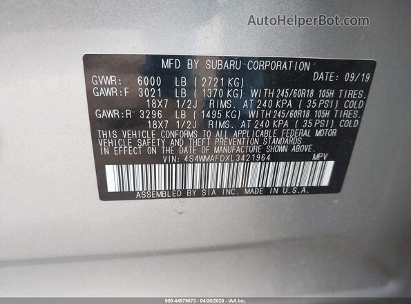 4S4WMAFDXL3421964 2020 SUBARU ASCENT Silver ძრავის განყოფილების ხედი