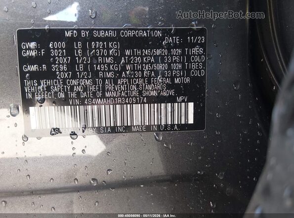 4S4WMAHD1R3409174 2024 SUBARU ASCENT Gray Вид підкапотного простору