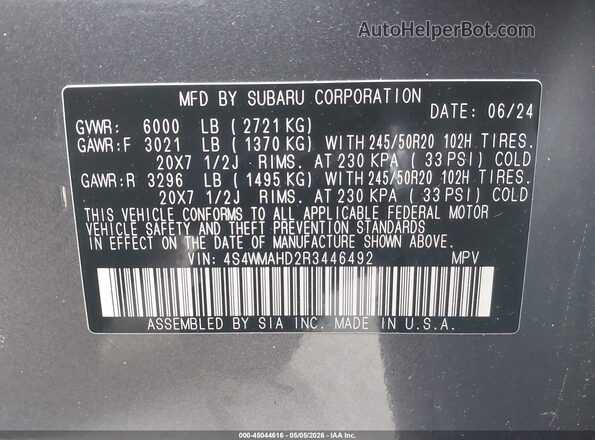 4S4WMAHD2R3446492 2024 SUBARU ASCENT Gray Widok komory silnika