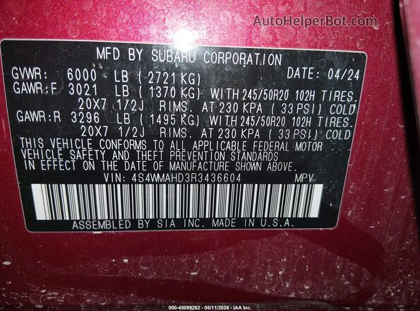 4S4WMAHD3R3436604 2024 SUBARU ASCENT Red Вид підкапотного простору
