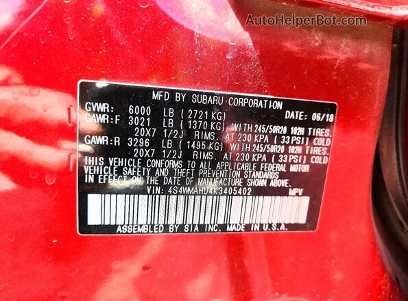 4S4WMAHD4K3405402 2019 SUBARU ASCENT Бордовый Панорамный вид салона 360°