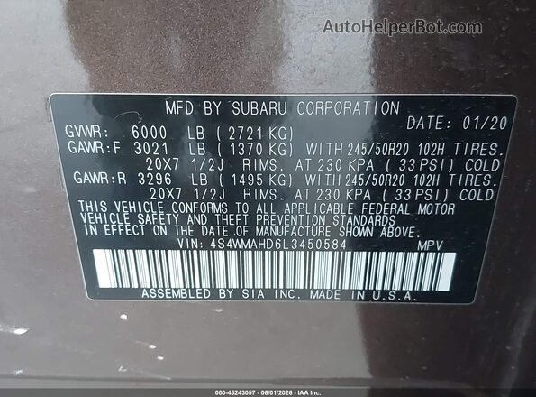 4S4WMAHD6L3450584 2020 SUBARU ASCENT Коричневый Вид подкапотного пространства