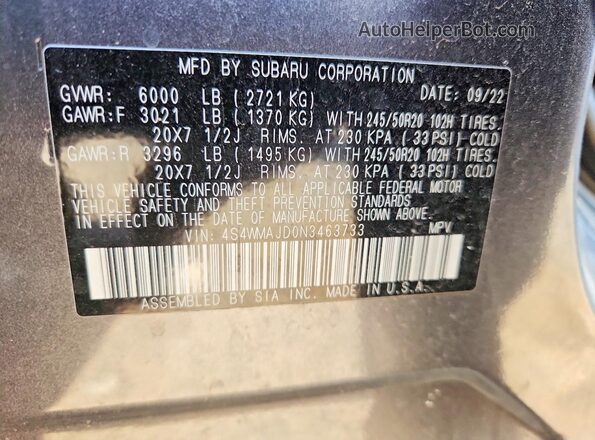 4S4WMAJD0N3463733 2022 SUBARU ASCENT Charcoal 360 interior view