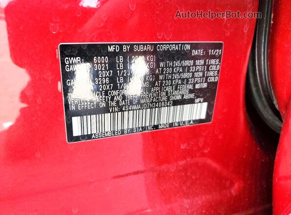 4S4WMAJD7N3408342 2022 SUBARU ASCENT Red VIN sticker view