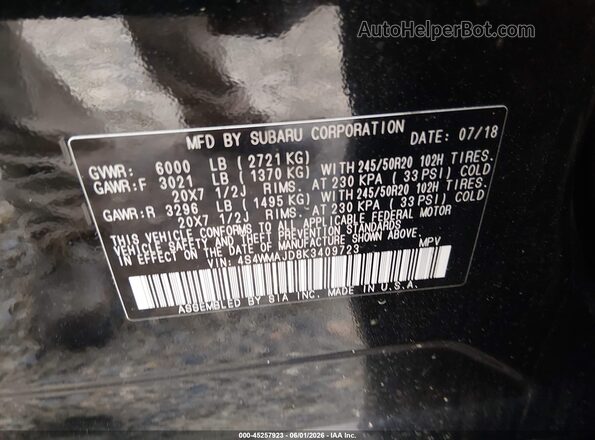 4S4WMAJD8K3409723 2019 SUBARU ASCENT Черный Вид подкапотного пространства