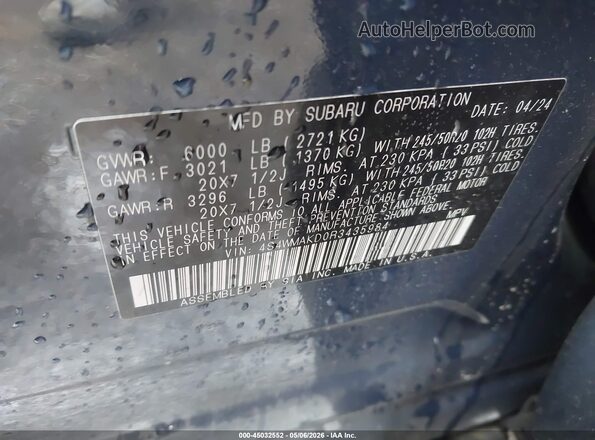 4S4WMAKD0R3435984 2024 SUBARU ASCENT Blue ძრავის განყოფილების ხედი
