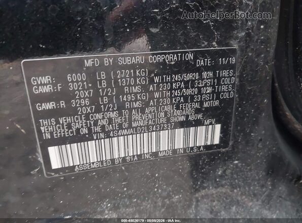 4S4WMALD2L3437337 2020 SUBARU ASCENT Black Engine compartment view