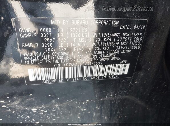 4S4WMALD3K3472533 2019 SUBARU ASCENT Black Vista del compartimento del motor