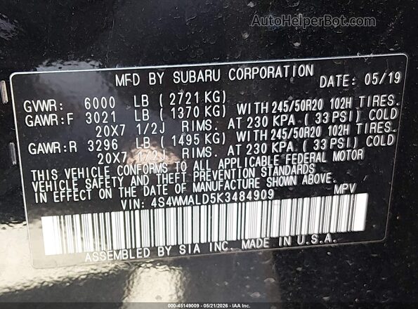 4S4WMALD5K3484909 2019 SUBARU ASCENT Black Շարժիչի բաժամունքի տեսք