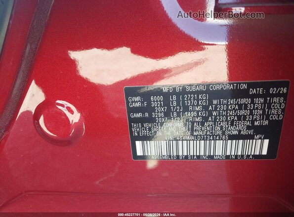 4S4WMALD7T3414765 2026 SUBARU ASCENT Red Շարժիչի բաժամունքի տեսք