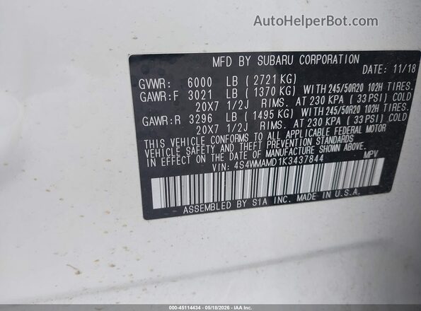 4S4WMAMD1K3437844 2019 SUBARU ASCENT White ძრავის განყოფილების ხედი