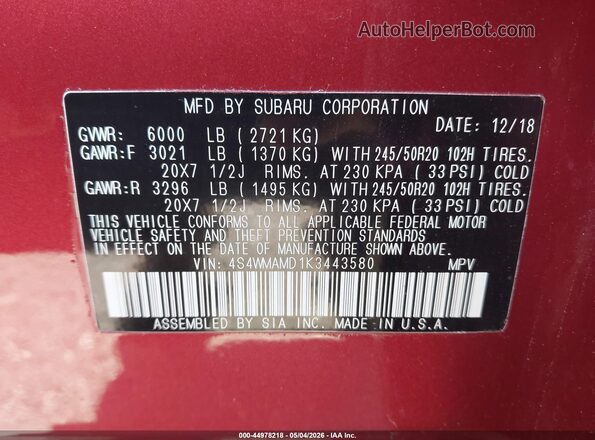 4S4WMAMD1K3443580 2019 SUBARU ASCENT Maroon Vista del compartimento del motor