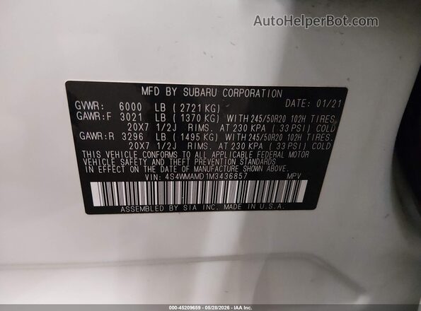 4S4WMAMD1M3436857 2021 SUBARU ASCENT White Widok komory silnika