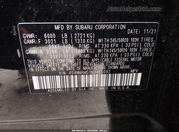 4S4WMAMD1N3405092 2022 SUBARU ASCENT Black 