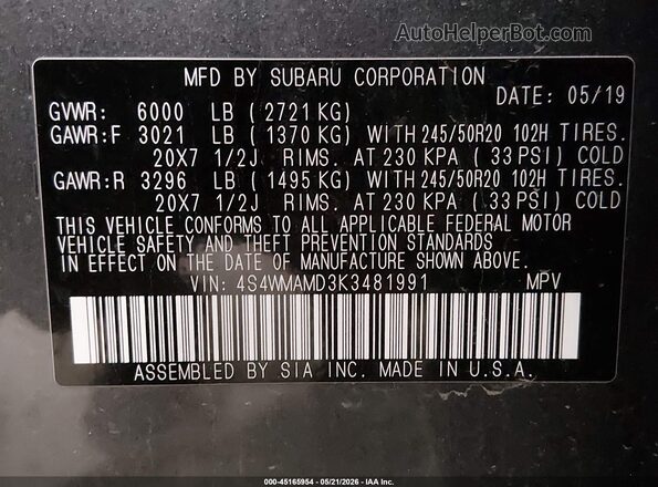 4S4WMAMD3K3481991 2019 SUBARU ASCENT Серый Вид подкапотного пространства