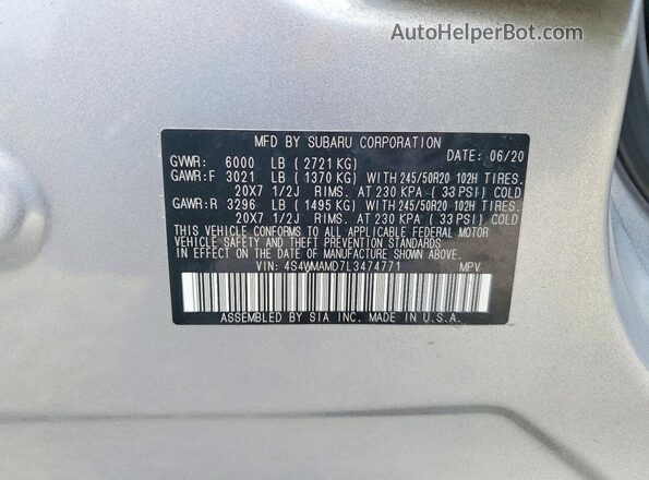 4S4WMAMD7L3474771 2020 SUBARU ASCENT Silver Панорамний вид салону 360°