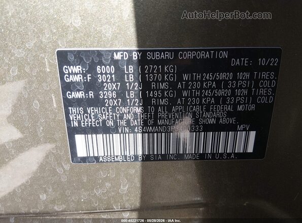 4S4WMAND3P3400333 2023 SUBARU ASCENT Green Widok komory silnika